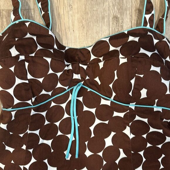 Madison Leigh Sz 10 Brown Polka Dot Teal Blue Accent Retro Midi Dress - Picture 3 of 6